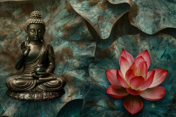 Fototapeta premium Bronze buddha statue sitting in meditation pose near red lotus flower