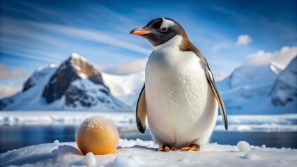 Obraz premium Adorable penguin stands guard beside precious egg nestled in snowy Antarctic landscape, feathers ruffled, eyes fixed with devoted intensity.