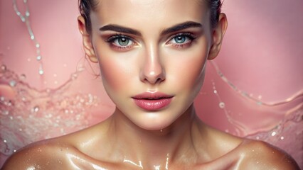 Vibrant pink background highlights serene natural ambiance with subtle light illuminating moisturized glowing skin texture in high definition.