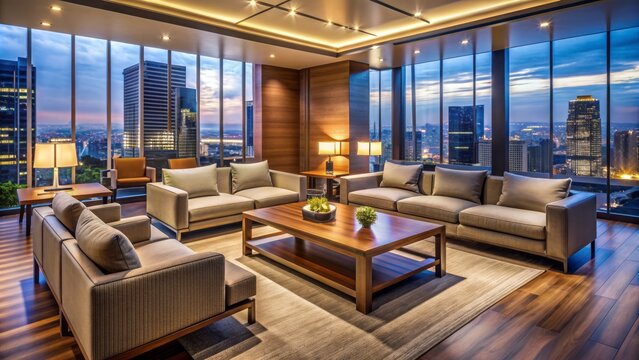 A bustling atmospheric scene with scattered business cards, half-empty glasses, and a blurred cityscape backdrop exuding professional socialization ambiance.