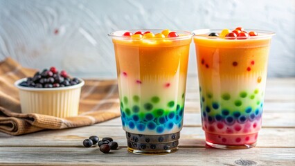 Vibrant cup of creamy iced milk tea with colorful bubble boba on white background, popular refreshing drink in Taiwan style.