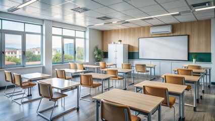 Empty classroom with desks, chairs, and inspirational quotes on the chalkboard, symbolizing a welcoming academic environment.