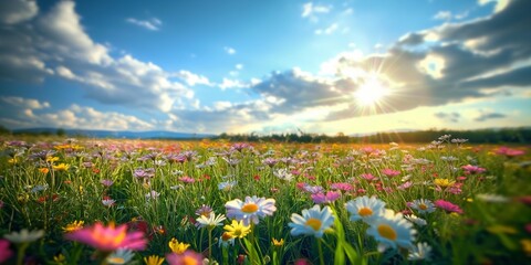 A breathtaking flower field under a sunny sky, featuring a colorful array of blooms. Ideal for nature backgrounds and springtime themes.