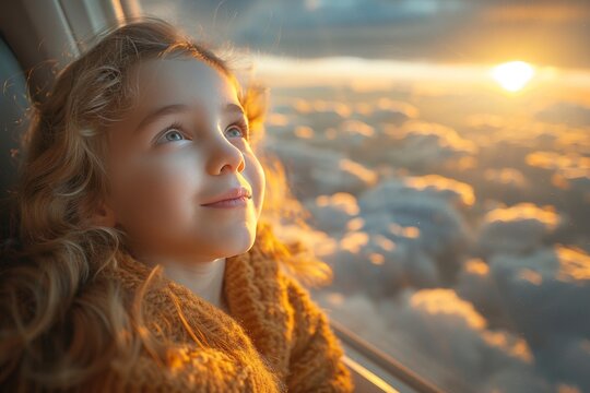 Teenager joyfully observing outside scenery from airplane window seat during flight
