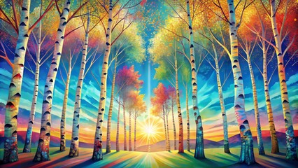 Vibrant, whimsical illustration of stylized birch trees amidst a kaleidoscope of colors, set against a serene, gradient blue horizon backdrop.