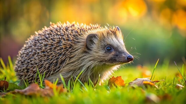 A solitary, large brown hedgehog standing upright on a lush green meadow, its spines erect, with a few fallen leaves around.
