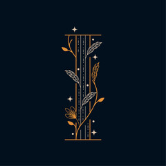 DECORATIVE ART FLORAL 121, LETTER I WITH VINTAGE ENGRAVING STYLE IN GOLD COLOR
