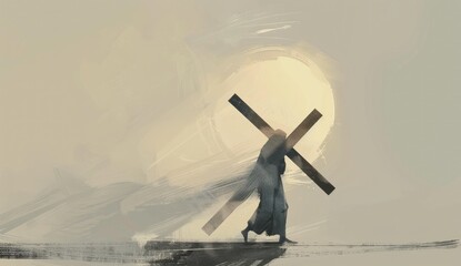 The digital painting of Jesus Christ carrying the cross of suffering symbolizes death, sacrifice, and resurrection. Religious and spirituality concepts.