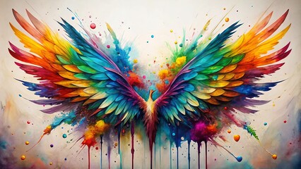 Vibrant rainbow-hued wings unfold amidst artistic chaos of paint splatters, ink drips, and watercolor brushstrokes on a pristine white background.