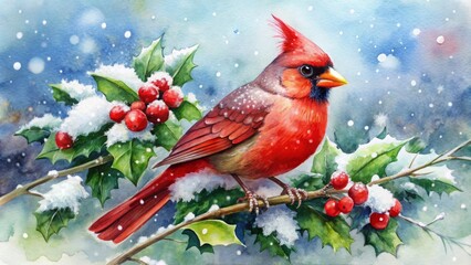 Vibrant watercolor illustration features festive red cardinal bird wearing Santa hat perched on snowy branch amidst holly and berries.