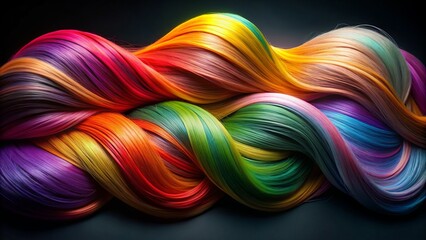 Vibrant multicolored hair strands with stretching color effect, arranged artistically on a sleek black surface, spotlighted against a dark background.