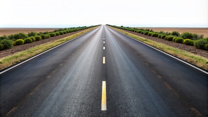 Obraz premium Empty asphalt line cuts through rural landscape, car drives towards distant horizon
