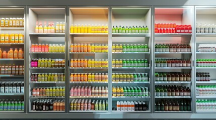 Frozen Wellness Vibrant Organic Juices and Supplements Display in Pharmacy Promoting Freshness and Vitality