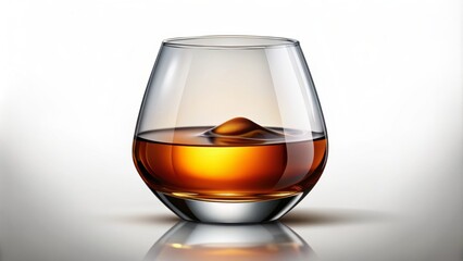 Luxurious, amber-hued whiskey fills a sleek glass, garnished with a single ice cube, set against a crisp, transparent backdrop.