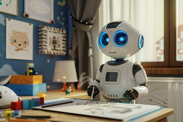 Little girl robot drawing a picture in a children's room,  generated by ai