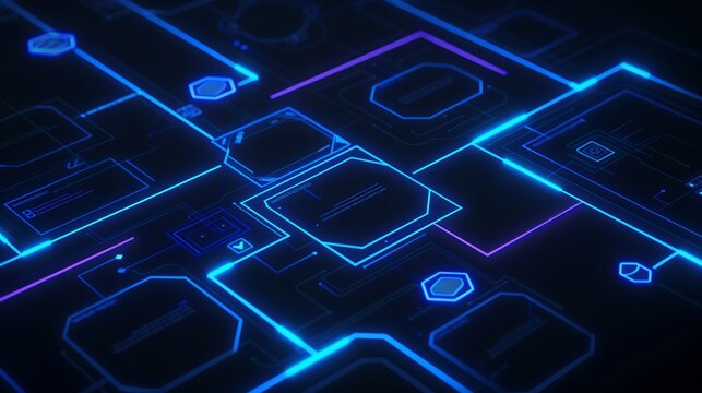 AI algorithms depicted in neon blue on dark background, flowchart for strategic HR planning.