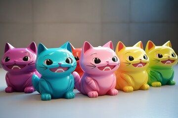 Multi-colored cartoon cats. Set of cartoon kitten figurines, created by ai
