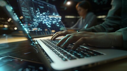 Close-up of hands working on a laptop at night, with digital maps in the background, set in a futuristic office.