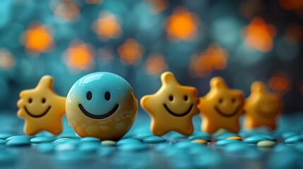 Smiley Face Surrounded by Positive Symbols: Thumbs-Up, Stars, and Happy Emoticons for Customer Satisfaction