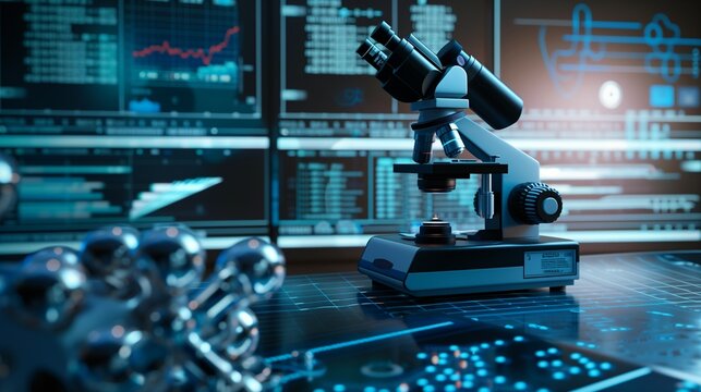 Microscope on scientific equipment, digital charts and a soft blue glow in the background emphasizing futuristic research. - Powered by Adobe