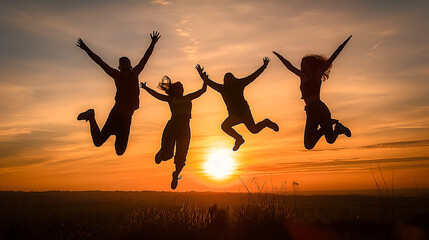 Four Silhouettes Jumping in Joyful Celebration During Sunset