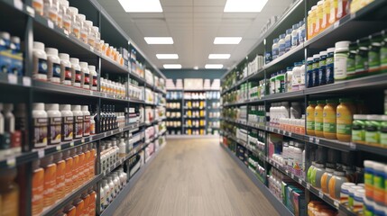 Fototapeta premium Vibrant Selection of Nutritional Shakes for Busy Lives at a Modern Pharmacy