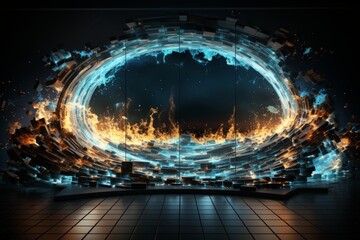 Futuristic data wave bursts through keyhole in real life photo on energized barrier wall