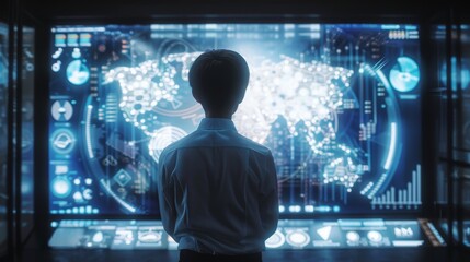 Future Vision Anonymous Business Professional Analyzing Global Data on Digital Screen