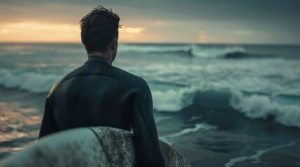 Fototapeta premium Surfer's Solitude Awaiting the Perfect Wave Embracing the Ocean's Call with Surfboard in Hand