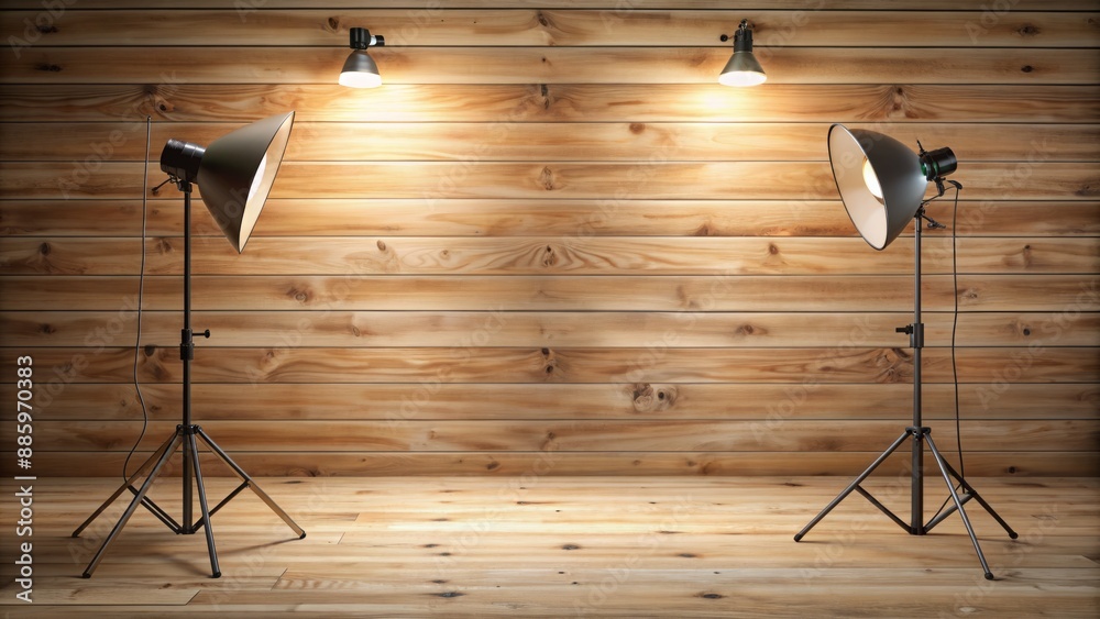 Wall mural horizontal wood texture background with creamy tones, illuminated by two softbox lights, perfect for
