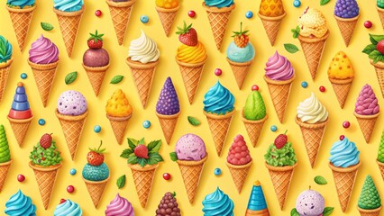 Vibrant colorful seamless pattern of assorted ice cream cones and sundaes on a bright summer yellow background illustration.