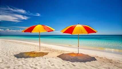 Vibrant orange sun umbrellas stand tall amidst serene beachscape with gentle waves, soft sand, and clear blue summer sky backdrop.