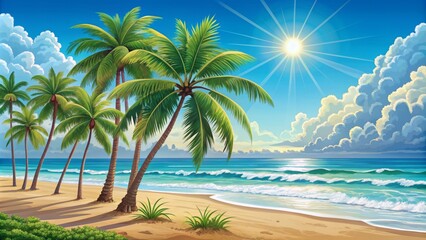 Fototapeta premium Vibrant sunny beach scene with palm trees, blue skies, and turquoise waves in a flat design style illustration, eps file format.