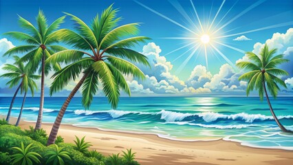 Fototapeta premium Vibrant sunny beach scene with palm trees, blue skies, and turquoise waves in a flat design style illustration, eps file format.