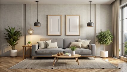 Modern minimalist living room interior design featuring sleek gray sofa with two elegant frames display on cream wall background.