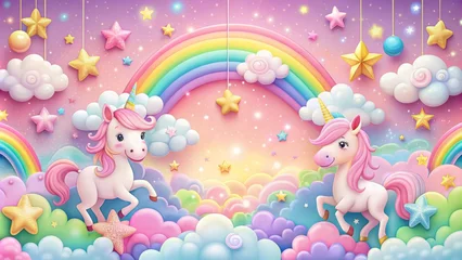 Wandcirkels Eenhoorn Whimsical fairy tale scene featuring a magical 3D cloud rainbow border, pink background, cute cartoon unicorn, stars, and kawaii pony.  © DigitalArt Max