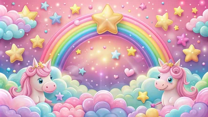 Wandcirkels Eenhoorn Whimsical fairy tale scene featuring a magical 3D cloud rainbow border, pink background, cute cartoon unicorn, stars, and kawaii pony.  © DigitalArt Max