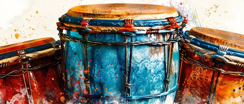 A watercolor depiction of a vibrant conga drum with rich colors