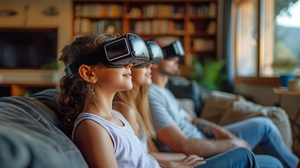 Sitting on a couch, a family is seeing a virtual reality film.