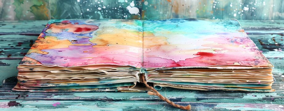 Artsy watercolorthemed journal with artistic splashes, lots of copy space