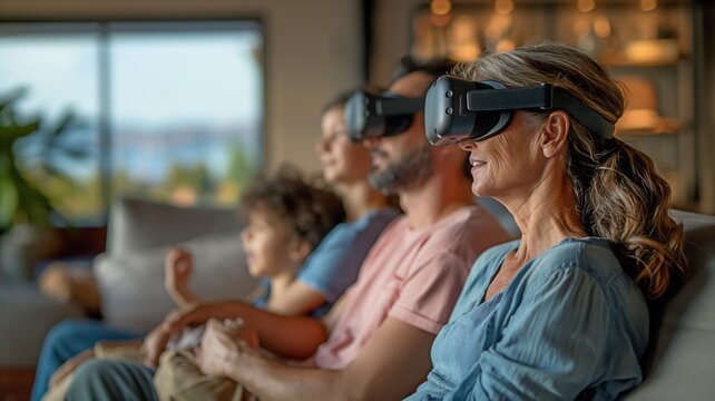 Sitting on a couch, a family is seeing a virtual reality film.