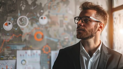 Determined businessman showing strategy icons, outlining business goals for startup success.