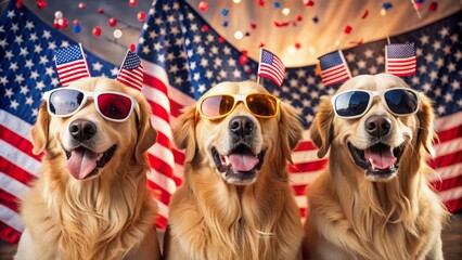 Adorable golden retrievers pose patriotically, donning trendy shades, surrounded by American flags, fireworks, and summery Fourth of July decor.