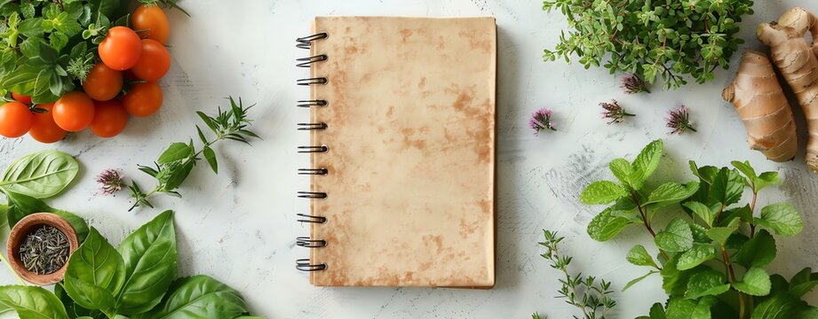 Organic herbal skincare journal with fresh herbs, lots of copy space