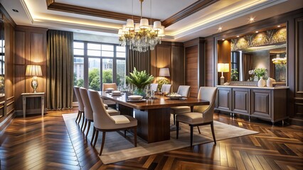 Fototapeta premium Luxurious modern dining room with rich wood flooring, elegant chandelier, and sleek table setting amidst warm, inviting atmosphere.