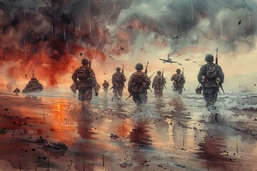 Normandy d day army soldiers running on beach ww2 oil painting with warships and fighter planes