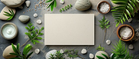 Zeninspired skincare journal with zen garden elements, lots of copy space