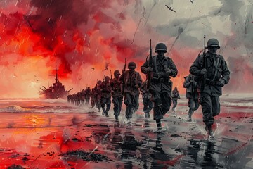 Fototapeta premium Normandy d day soldiers oil painting with warships and fighter planes under dramatic sky