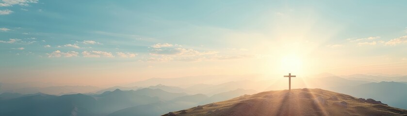 Peaceful sunrise over a hill with a cross, symbolizing faith and spirituality, perfect for religious and inspirational themes.