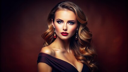Flawless, ravishing female model posing elegantly against a rich, solid-colored studio backdrop, exuding confidence and sophistication in a stunning portrait.